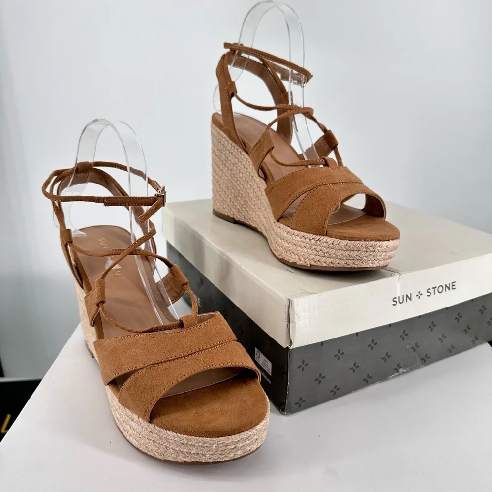 Sun + Stone Tinsleyy Strappy Espadrille Platform Wedge Sandals in Tan size 9.5